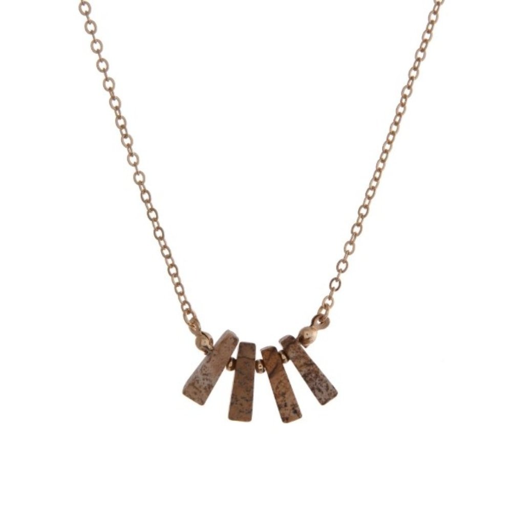 Dainty gold tone necklace with picture jasper natural stones. Approximately 16"